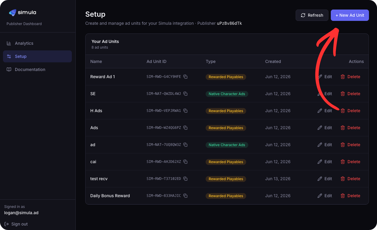 Publisher dashboard showing the New Ad Unit button