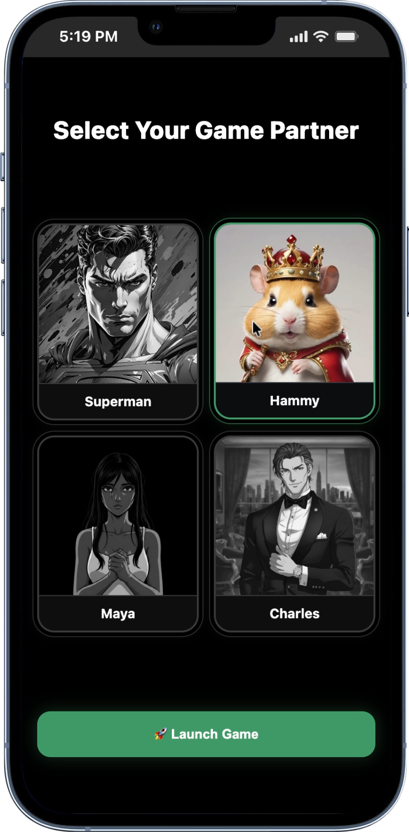 Character selector component showing a roster of playable characters