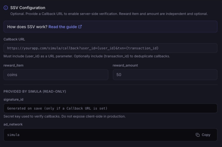 SSV configuration fields in the publisher dashboard